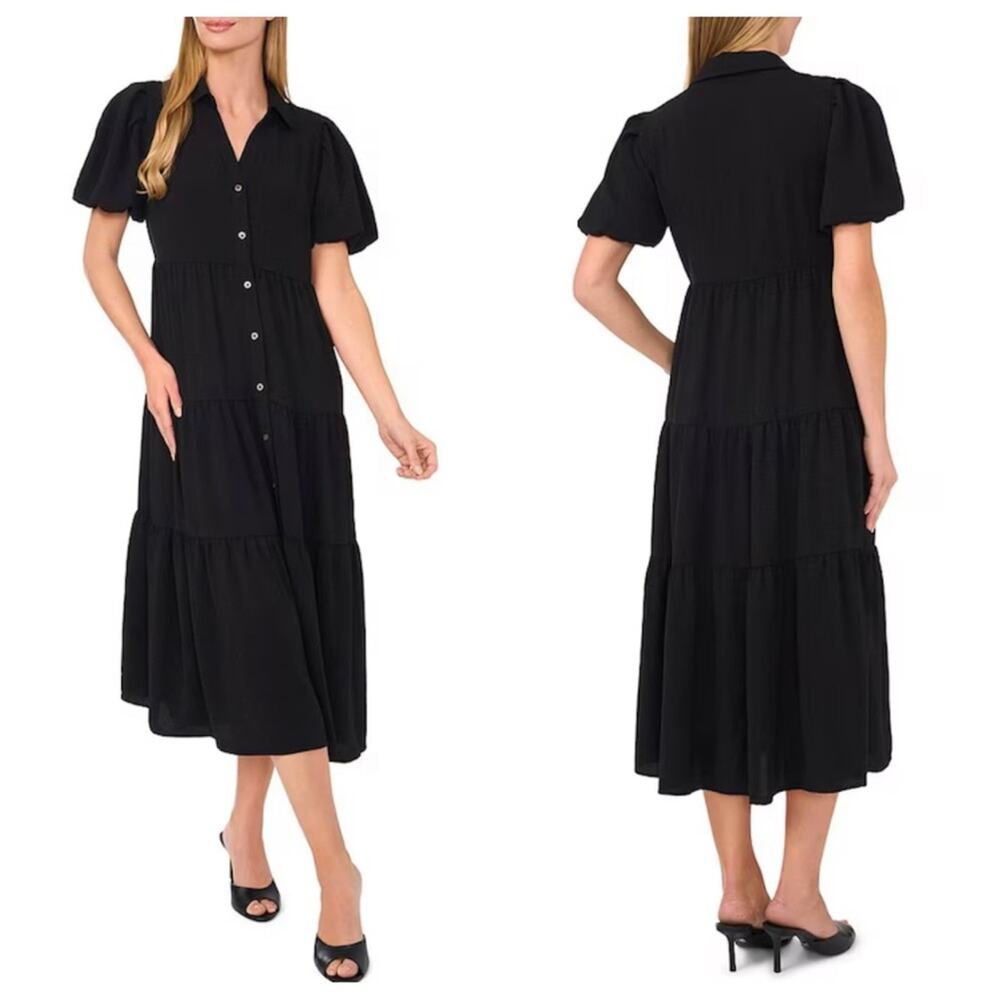 NEW Cece Gauze Short Puff Sleeve Tiered Midi Shirt Dress in Black - Size L